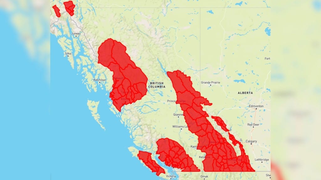 The map outlining the special public avalanche warning in B.C.