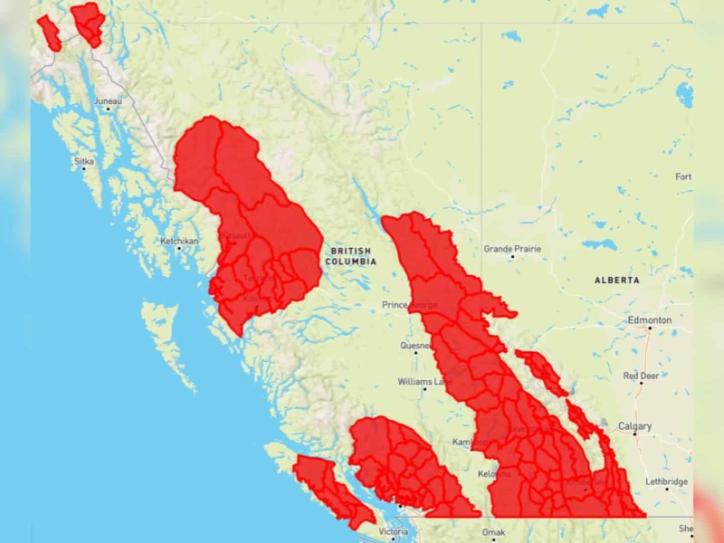 The map outlining the special public avalanche warning in B.C.