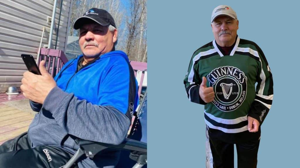 Two pictures of Artchie Gairdner wearing a hat. The one on the left is him sitting in a chair and the one on the right is him wearing a jersey holding his thumb up.
