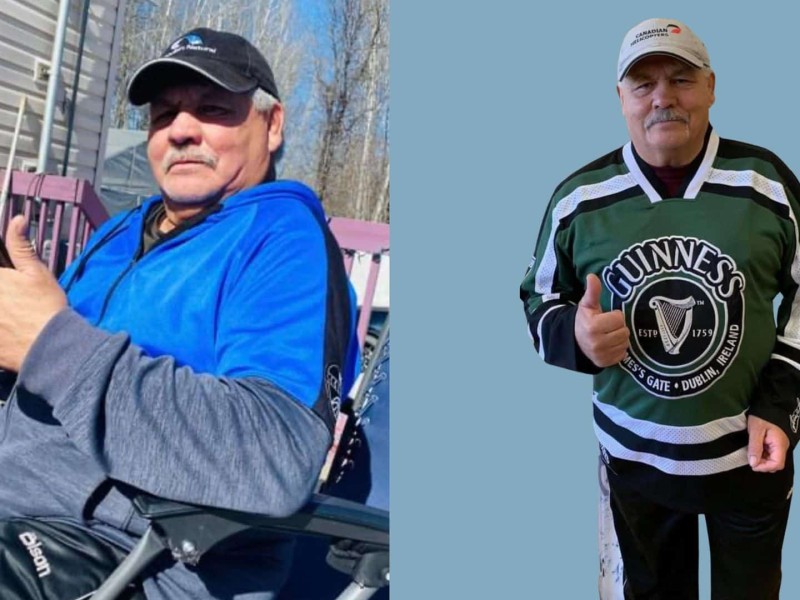 Two pictures of Artchie Gairdner wearing a hat. The one on the left is him sitting in a chair and the one on the right is him wearing a jersey holding his thumb up.