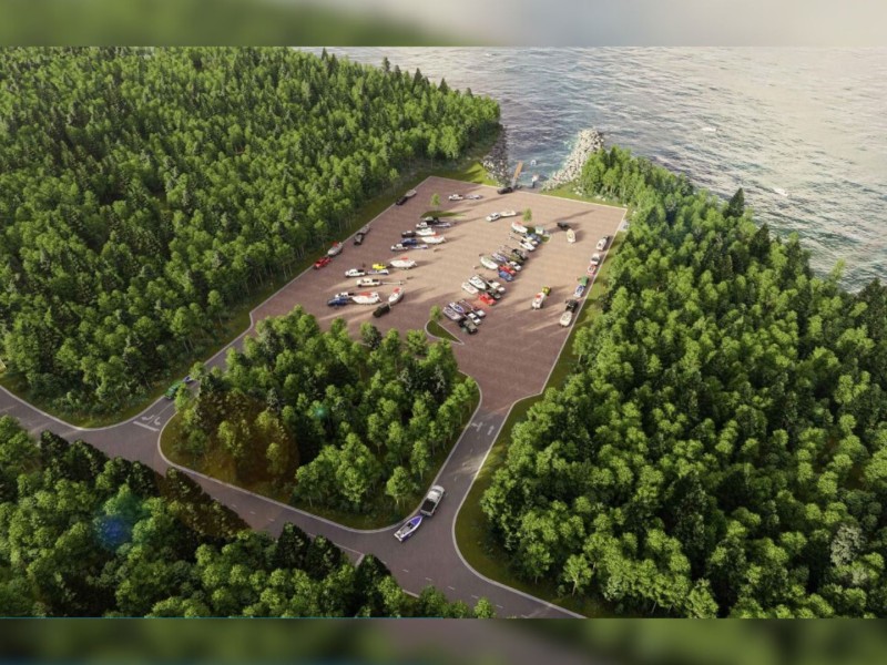 Artists render of a boat launch on a river.