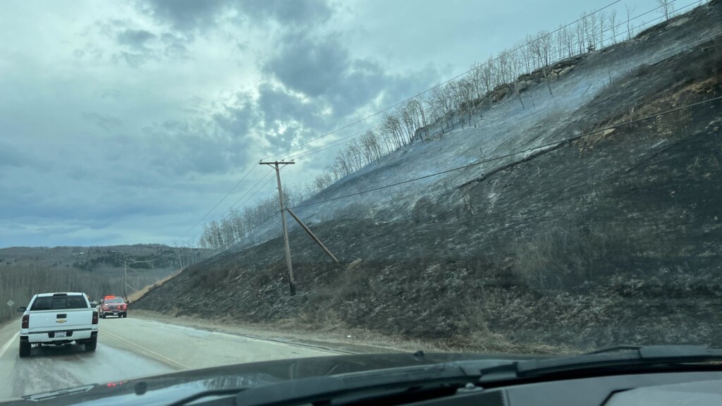 A burned hillside beside a highway.