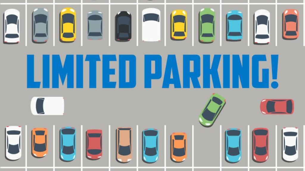 A picture of cartoon cars parked in a parking lot and the words "Limited parking!" in blue in the middle.