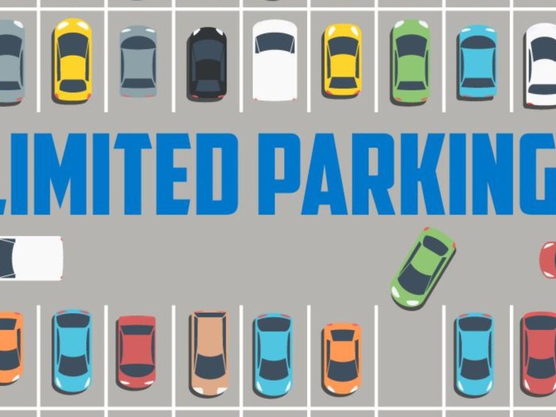A picture of cartoon cars parked in a parking lot and the words "Limited parking!" in blue in the middle.