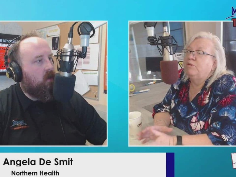 Two people talking on a radio show