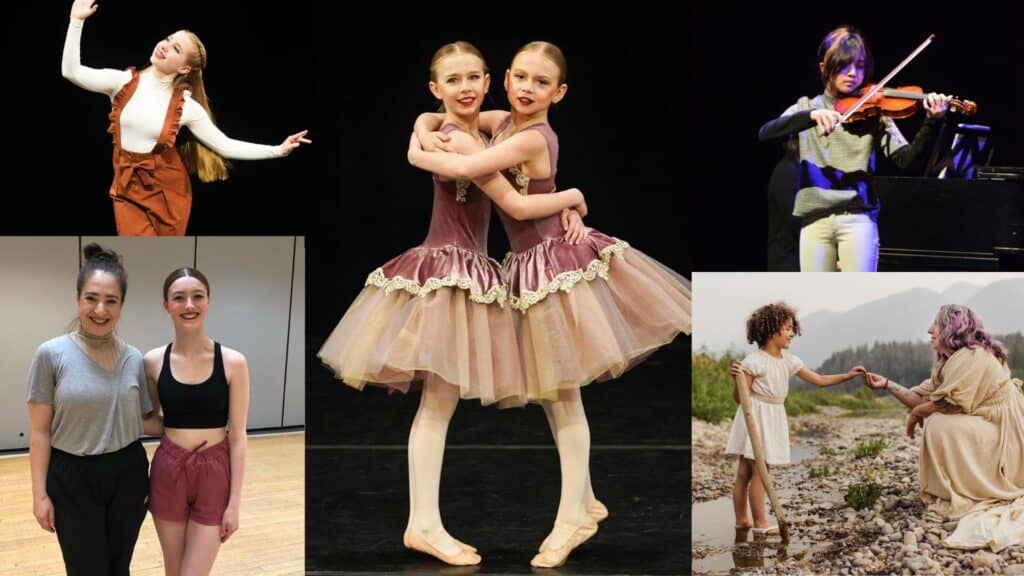 A collage of five photos of dancers, performers and musicians.