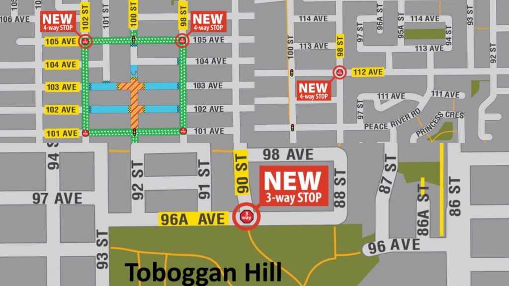 Three pictures showing a  map of the new stop signs in Fort St. John.