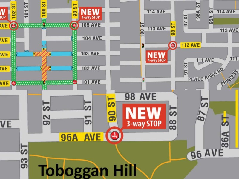 Three pictures showing a map of the new stop signs in Fort St. John.