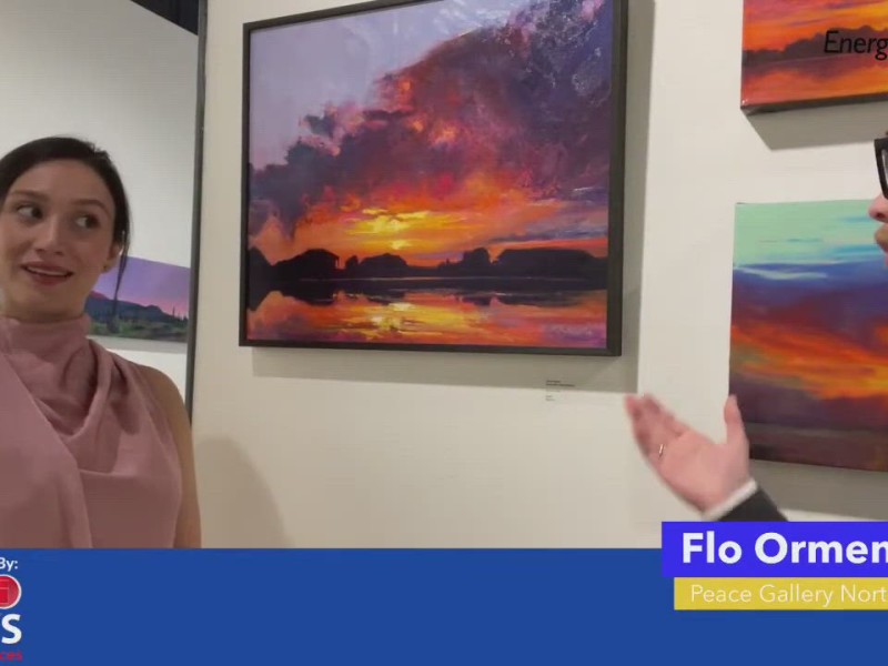 Two people talking in an art gallery