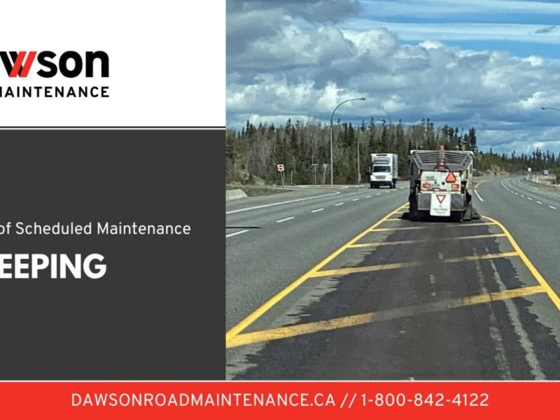 A notice of scheduled maintenance of sweeping form Dawson Road Maintenance with a picture of a road sweeper on a highway.