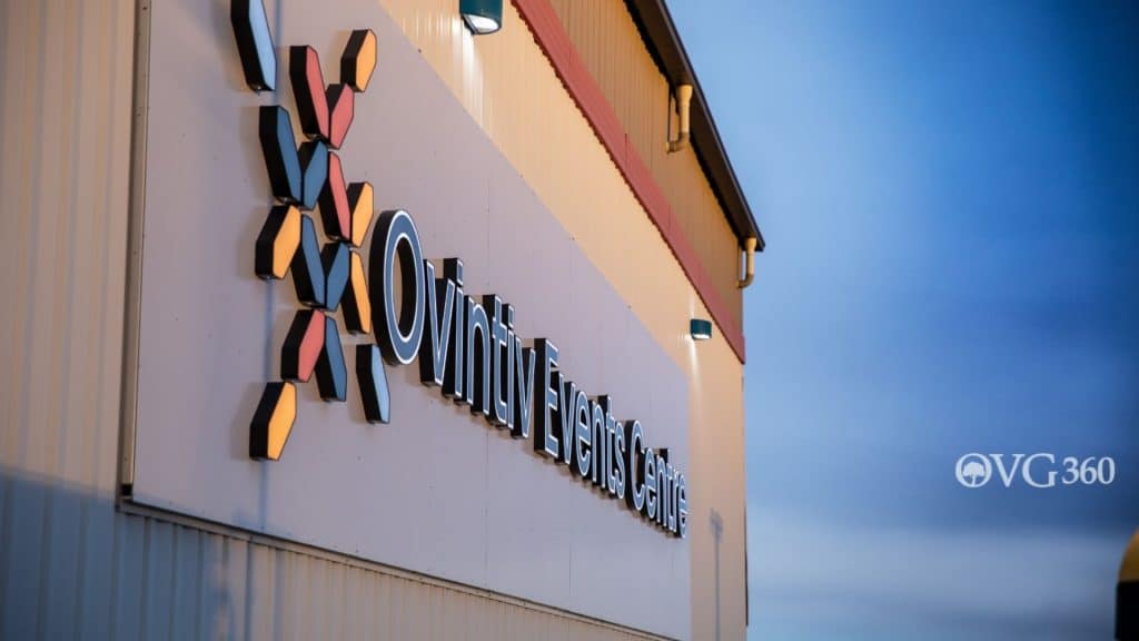A sign on the side of a building that reads Ovintiv Events Centre.