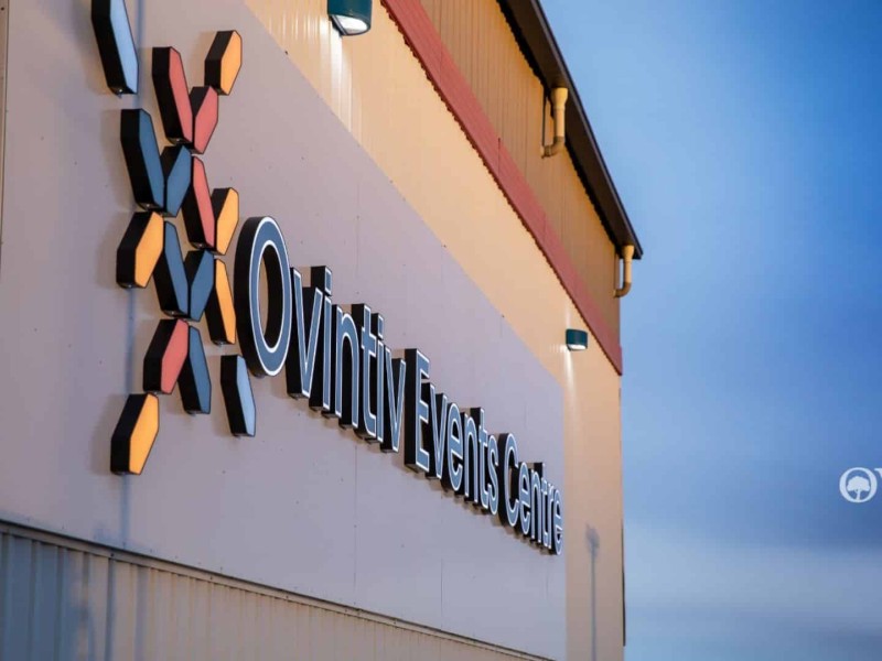 A sign on the side of a building that reads Ovintiv Events Centre.