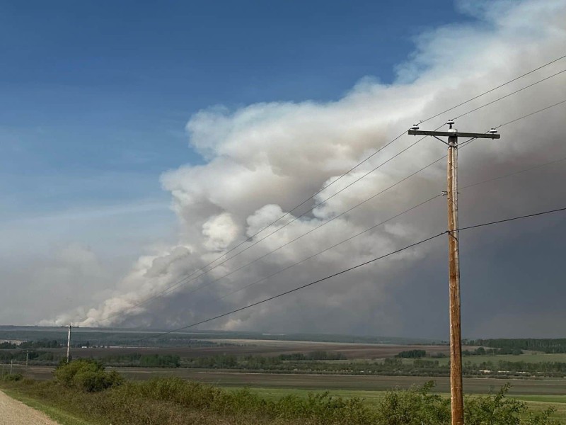Wildfire smoke in the distance from a dirt road that heads towards it.
