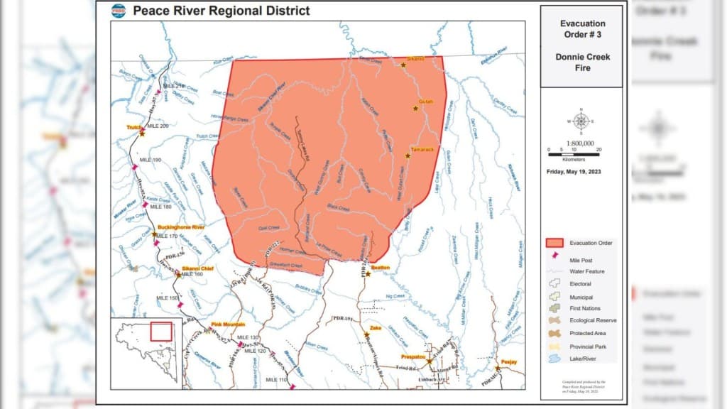 A map showing in red where the evacuation order is for the Donnie Creek wildfire.