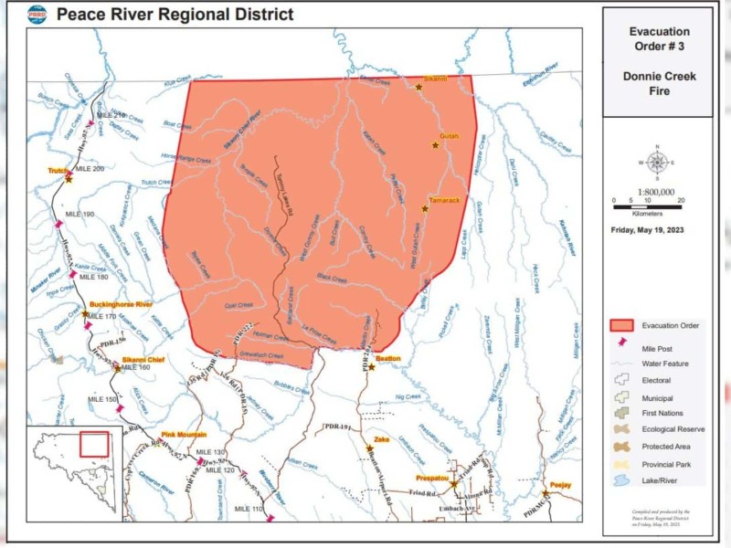 A map showing in red where the evacuation order is for the Donnie Creek wildfire.