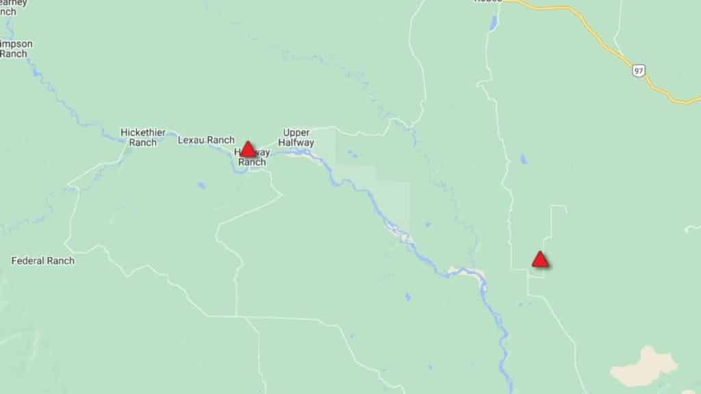 A green map with two red triangles showing the area of the bridges affected by the Cameron River wildfire.