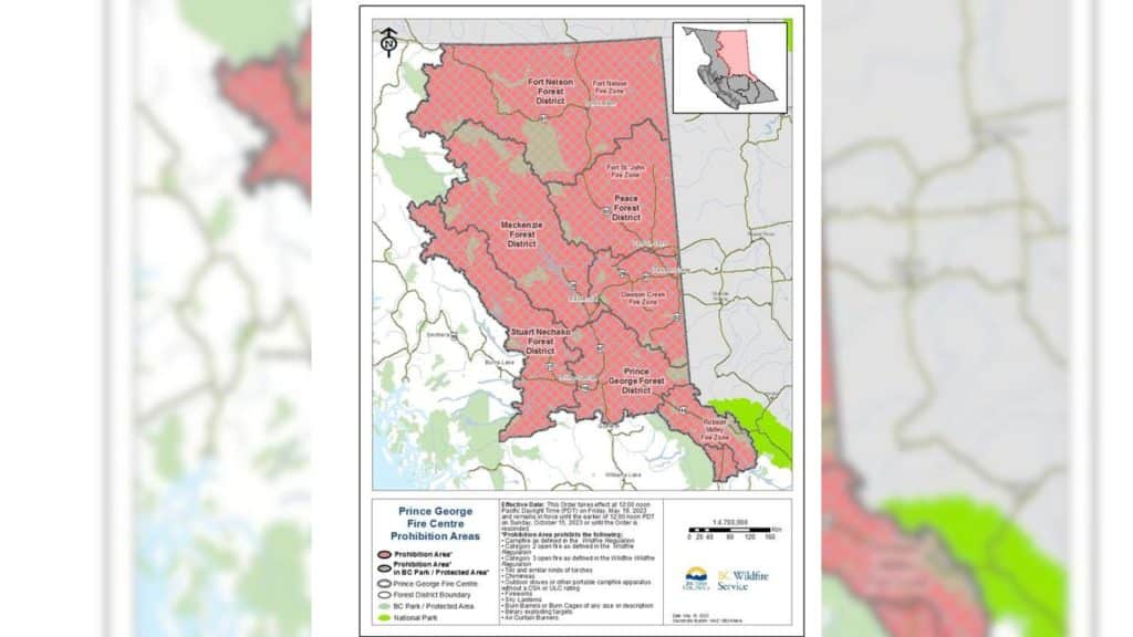 A map showing that all areas of the Prince George Fire Centre are under an open fire ban.