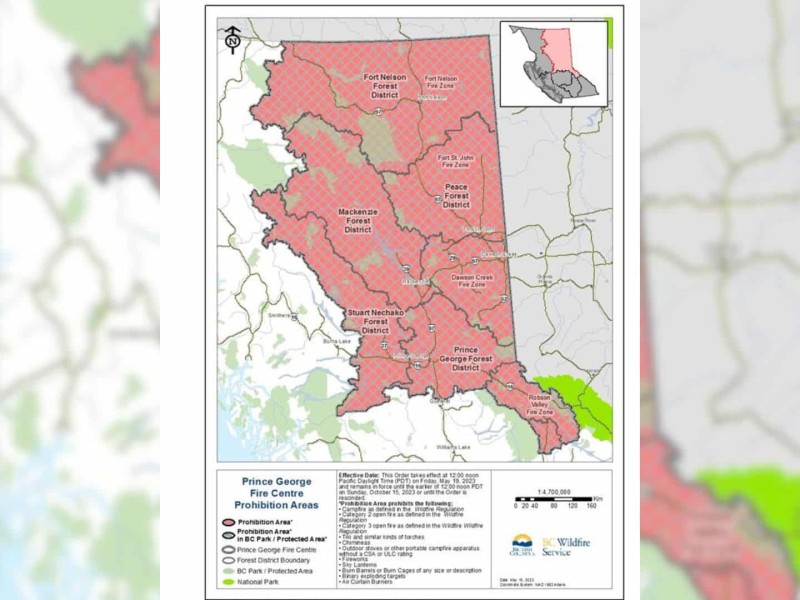 A map showing that all areas of the Prince George Fire Centre are under an open fire ban.