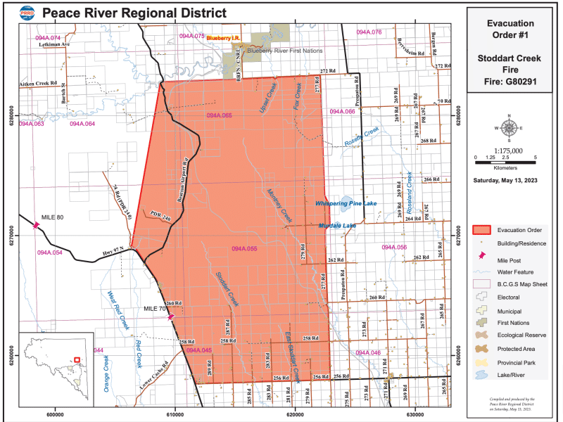 The Peace River Regional District has issued an evacuation order for the area shown in red on this map.