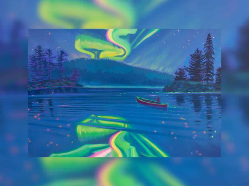 A painting of a rower on a lake reflecting colourful northern lights.