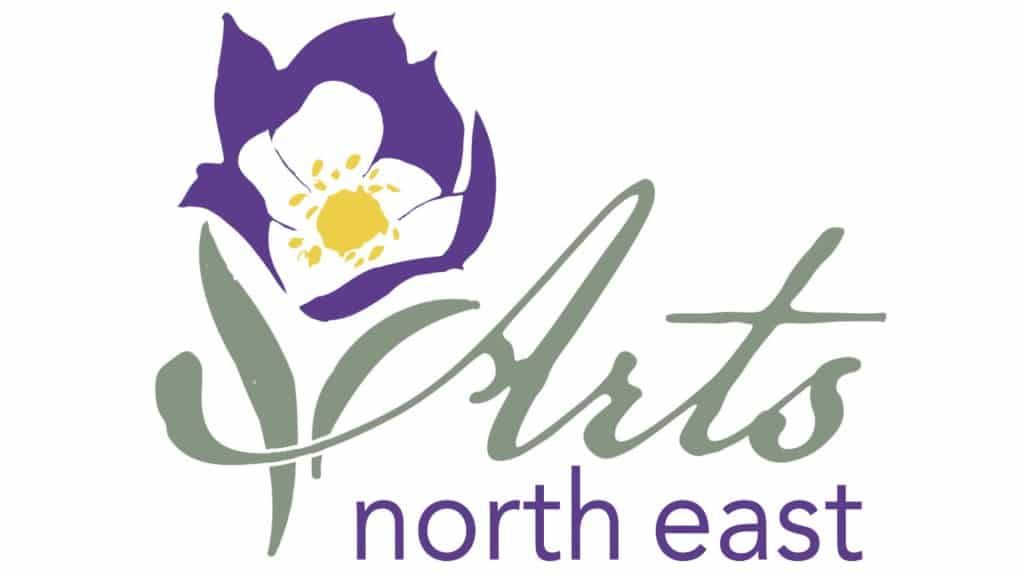 A logo featuring a crocus flower that reads "Arts north east."