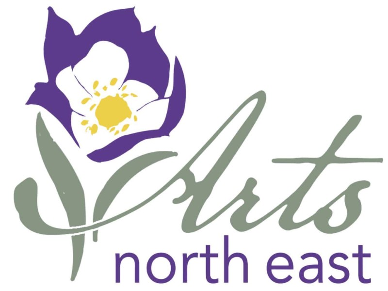 A logo featuring a crocus flower that reads "Arts north east."