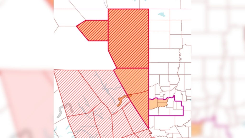 A white and red map showing the areas affected by the heat warning.