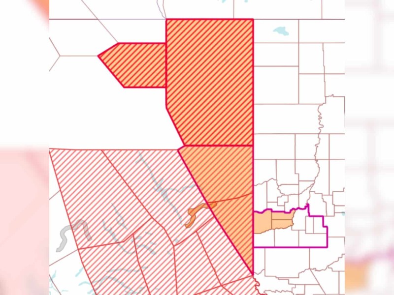 A white and red map showing the areas affected by the heat warning.