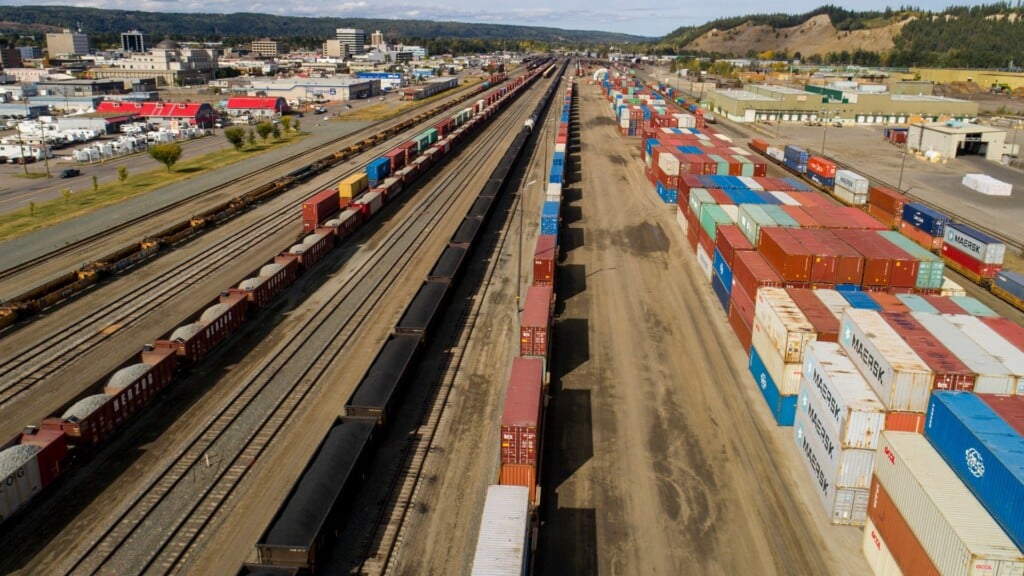 A CN railyard in Prince George, full of trains and containers.