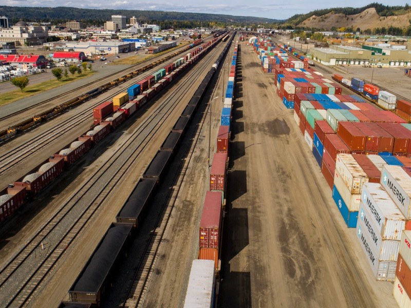A CN railyard in Prince George, full of trains and containers.