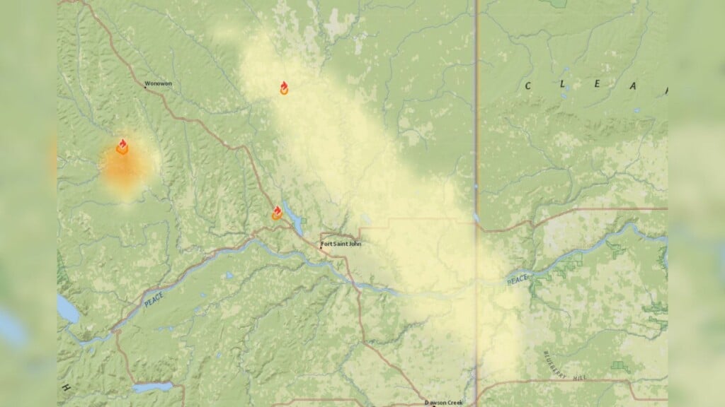 A map of the Peace region with wildfire smoke across it.