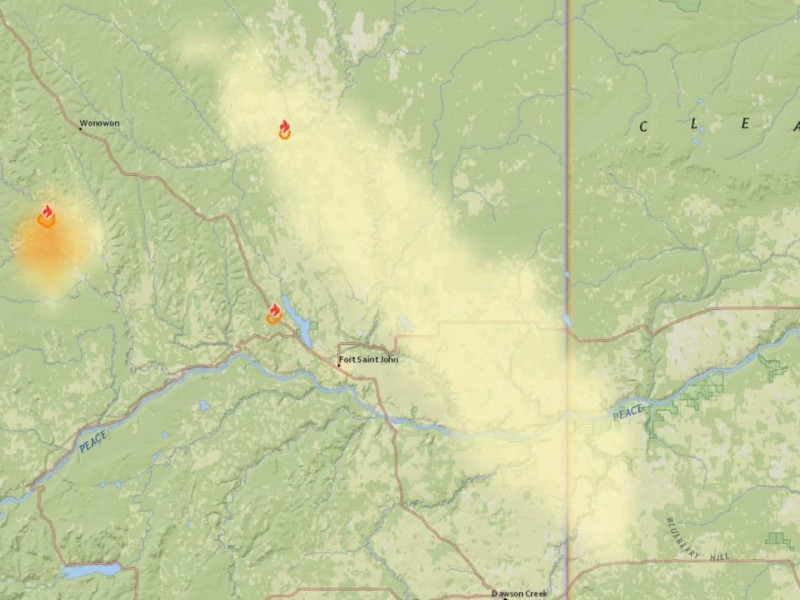 A map of the Peace region with wildfire smoke across it.