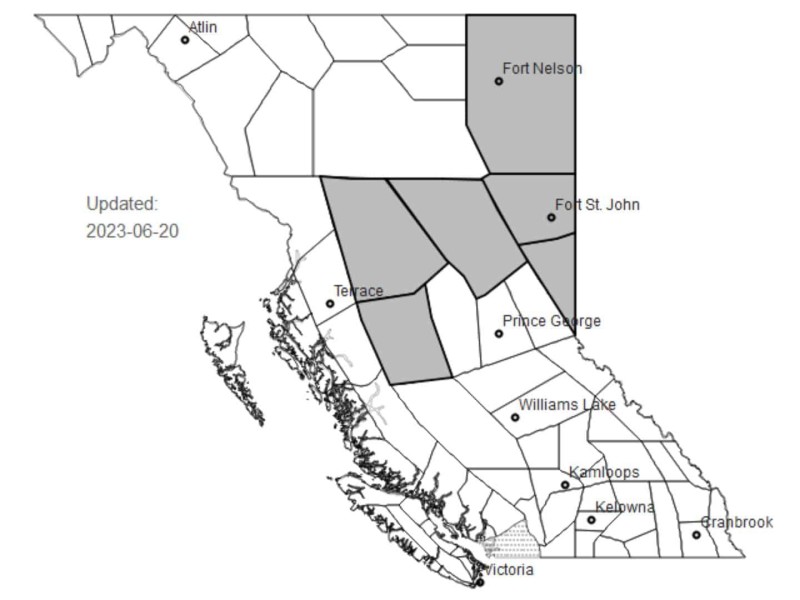 A grey and white map showing the areas of B.C. being affected by June 20th's smokey skies bulletin.