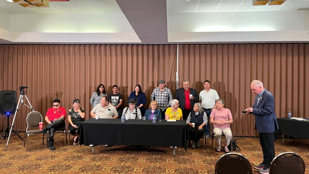 President of Nikihk Michelle Calliou, vice president Norman Calliou and members of Kelly Lake.