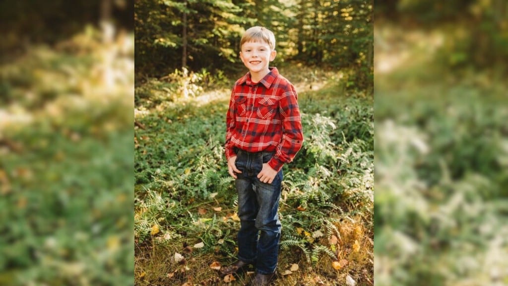 A picture of a young boy in plaid and dark jeans standing in a forest.