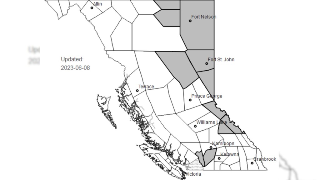 A black, white and grey map of B.C. with grey parts indicating the areas affected by the smokey skies advisory.