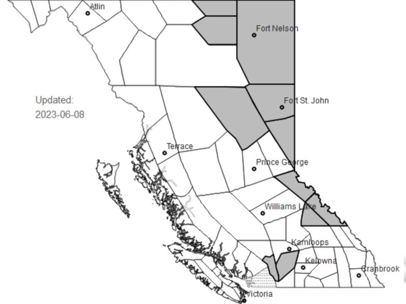 A black, white and grey map of B.C. with grey parts indicating the areas affected by the smokey skies advisory.
