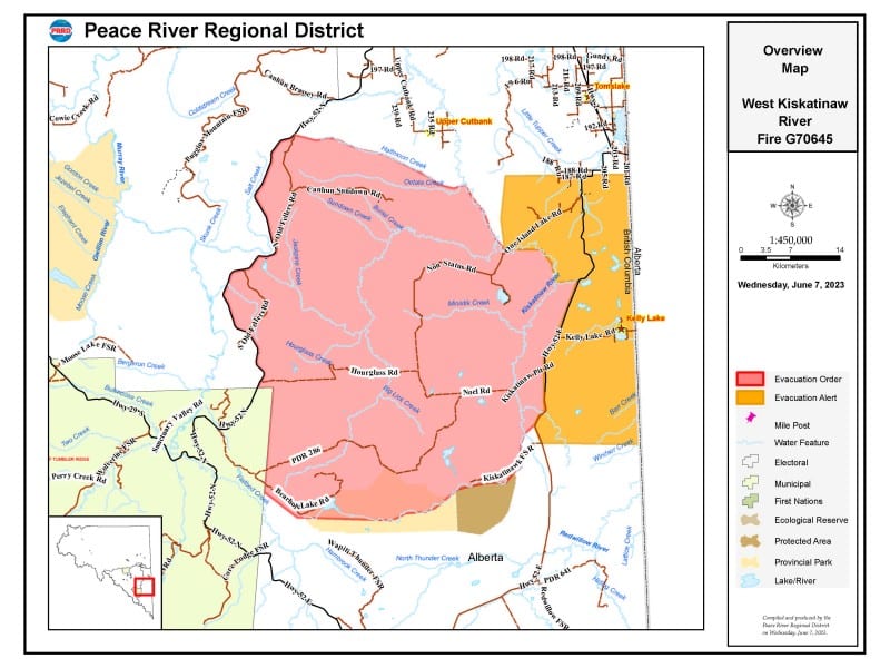 The Peace River Regional District has expanded the evacuation order that was put into place Tuesday from the West Kiskatinaw River wildfire.