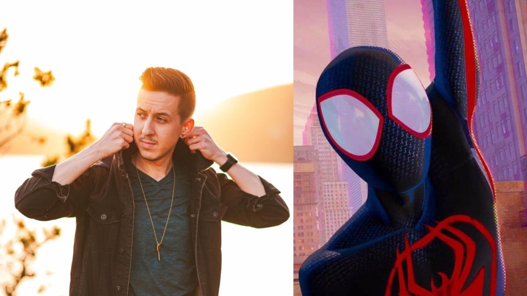 Two photos, one of a man popping his collar on a bright sunny day, the other of Spider-Man in the Spider-Man Across the Spider-Verse animated movie.