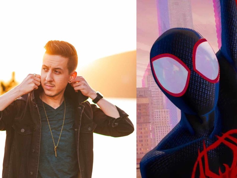 Two photos, one of a man popping his collar on a bright sunny day, the other of Spider-Man in the Spider-Man Across the Spider-Verse animated movie.