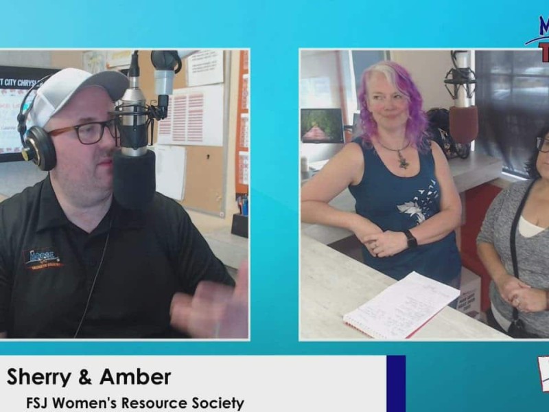 Three people talking on a podcast