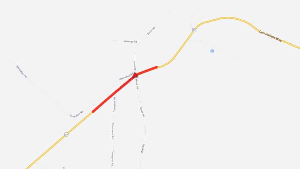 A map showing a red line road closure.