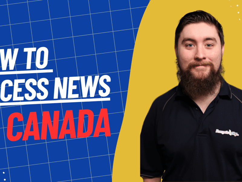 A person smiling on a blue and yellow background