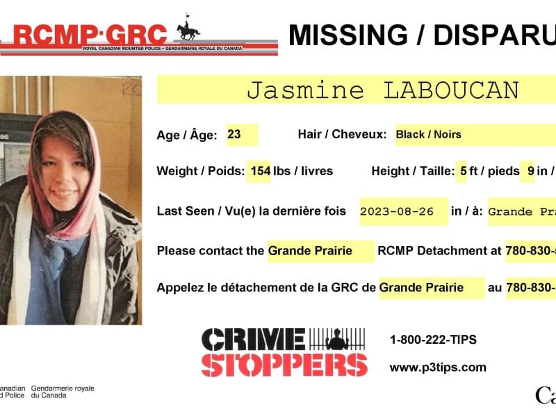 A missing person poster from the Grande Prairie RCMP shows a picture of Jasmine Laboucan.