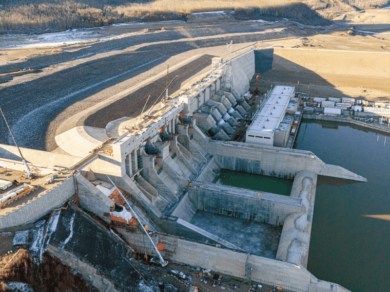 Site C's spillways, penstocks, and powerhouse and operations building in November 2023.