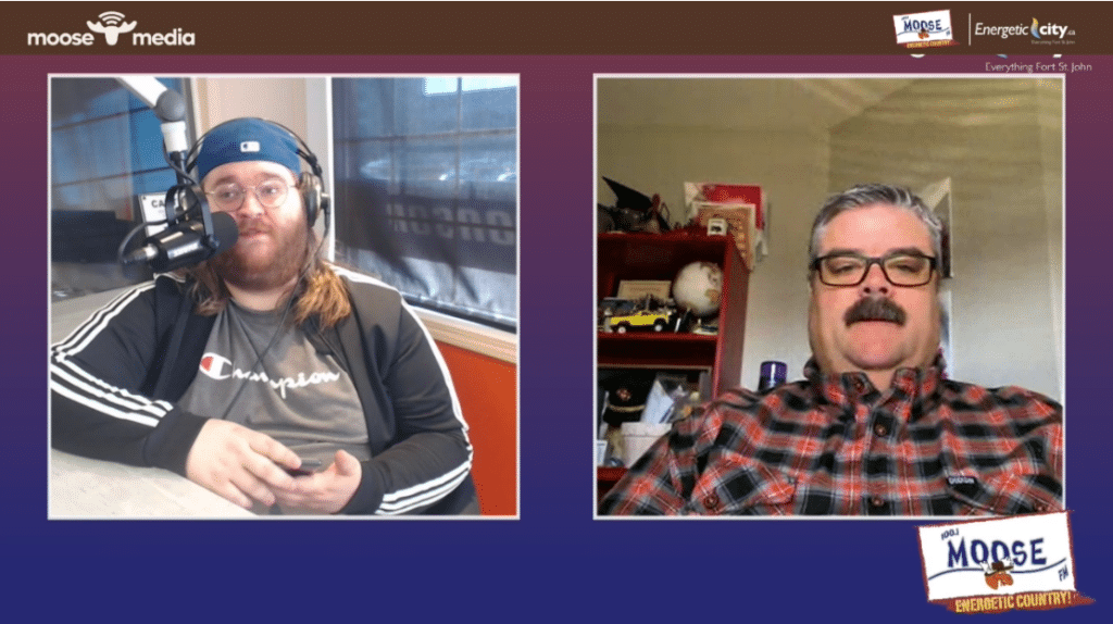 Two people recording a podcast