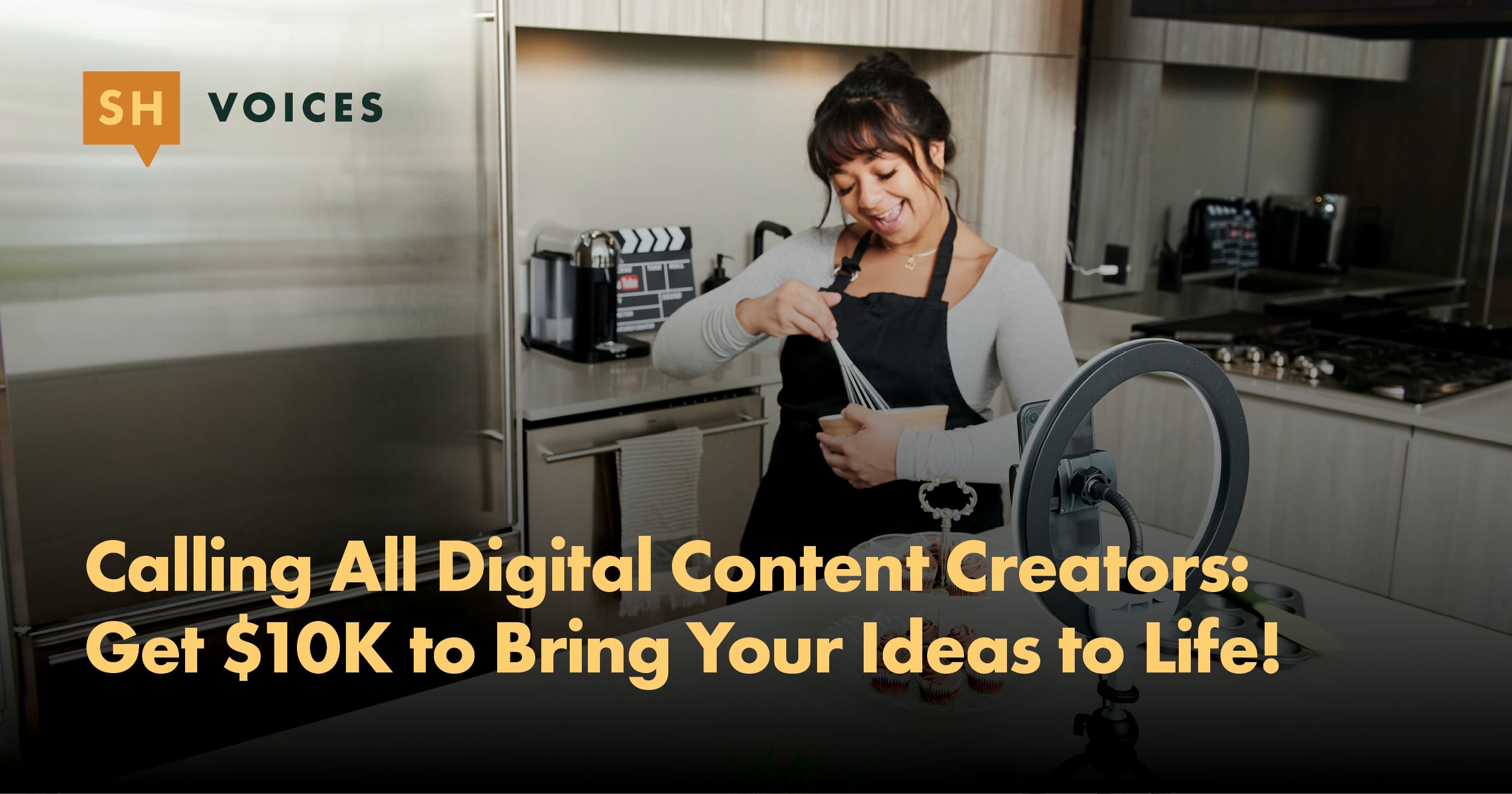 A woman whisking a bowl in front of a camera