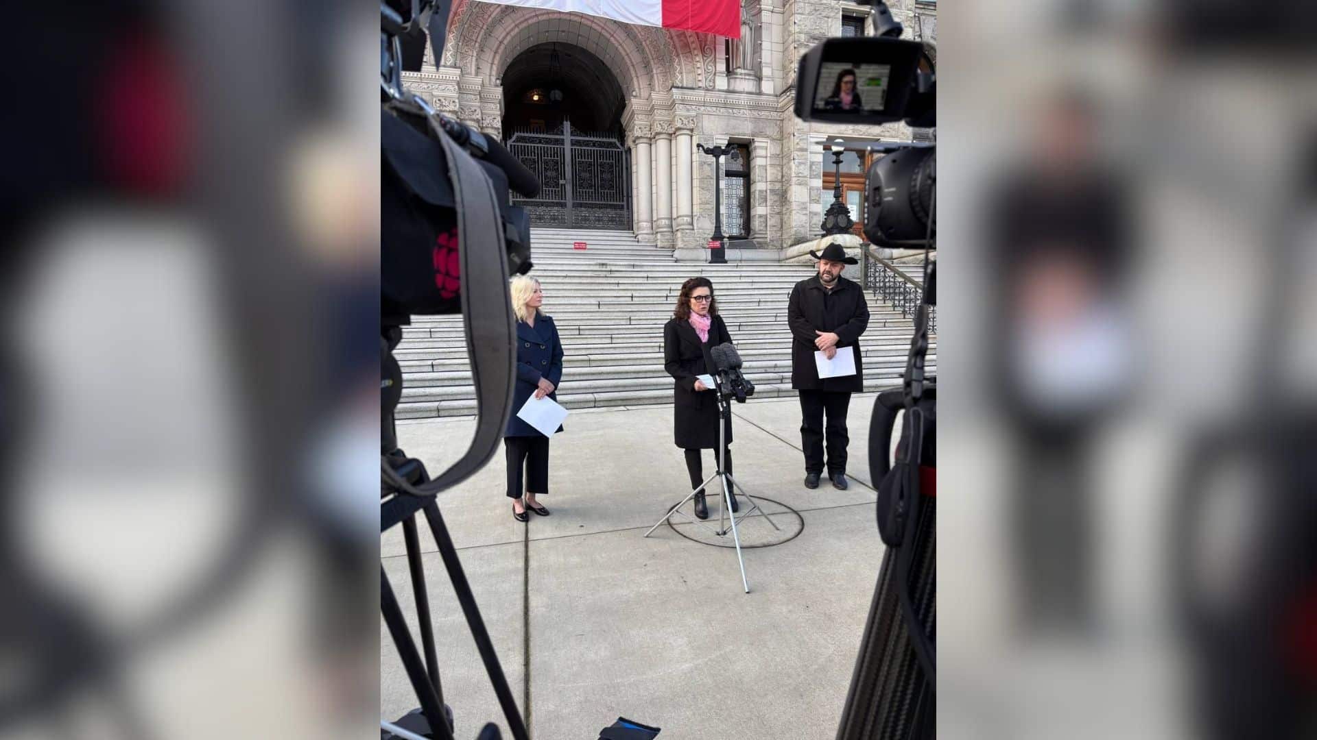 Kelowna-Lake Country-Coldstream MLA Tara Armstrong; Vancouver-Quilchena MLA Dallas Brodie; and Peace River North MLA Jordan Kealy speaking at a press conference in Victoria on March 10th, 2025. (Jordan Kealy)