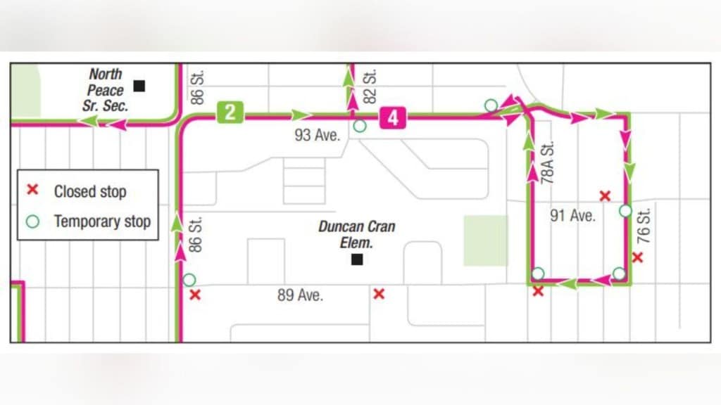 A map of the BC Transit detours coming into effect on April 15th.