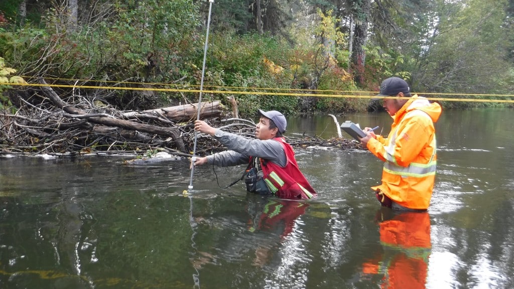 Gitanyow stewardship guardians, James Morgan and Dustin Gray, conduct water testing in the Gitanyow Lax'yip, summer 2016.
